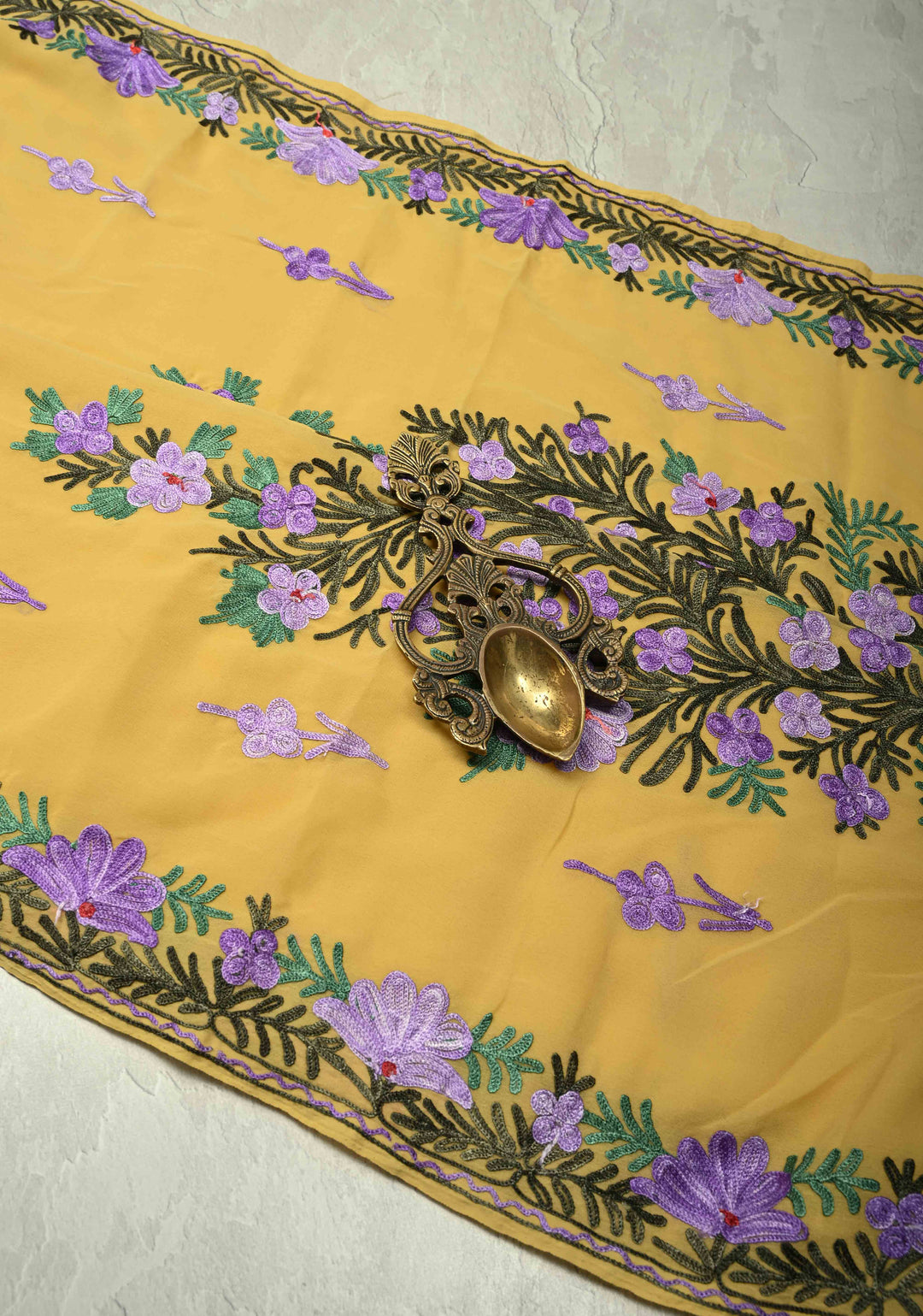 Yellow Kashmiri Aari Georgette Saree with Floral Embroidery