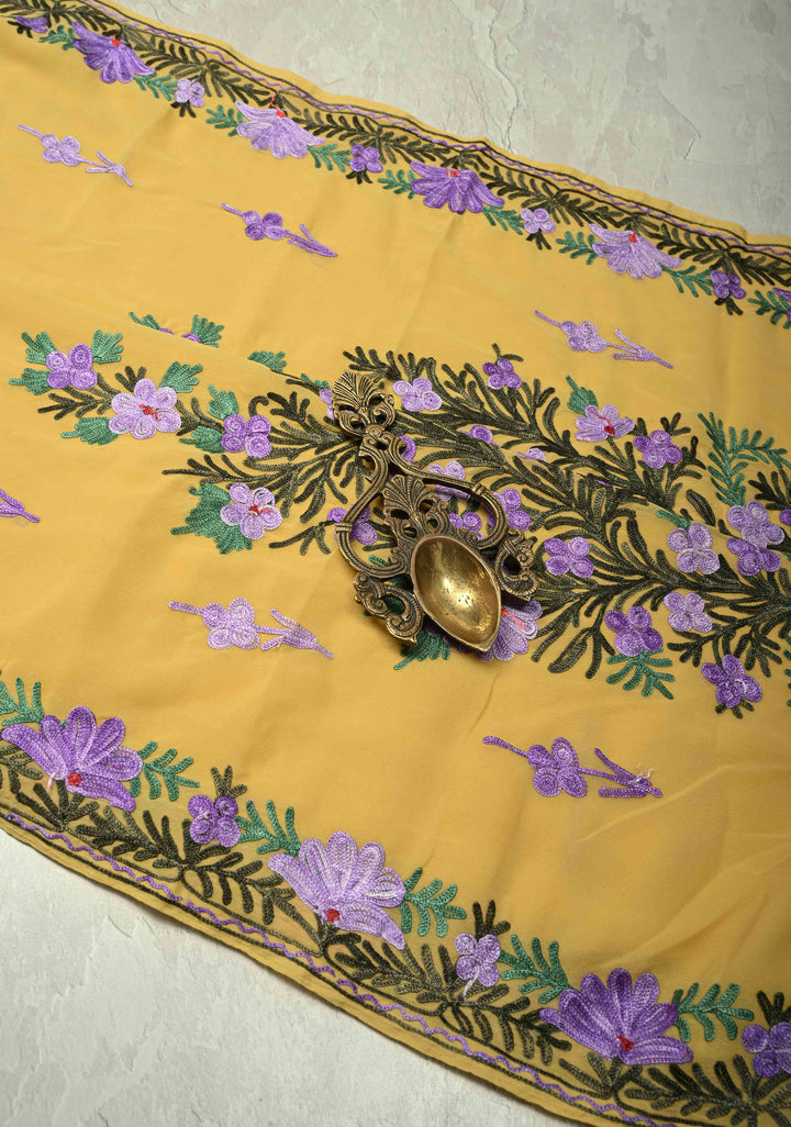 Yellow Kashmiri Aari Georgette Saree with Floral Embroidery