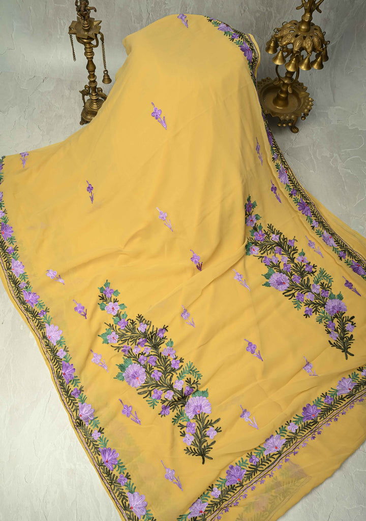 Yellow Kashmiri Aari Georgette Saree with Floral Embroidery