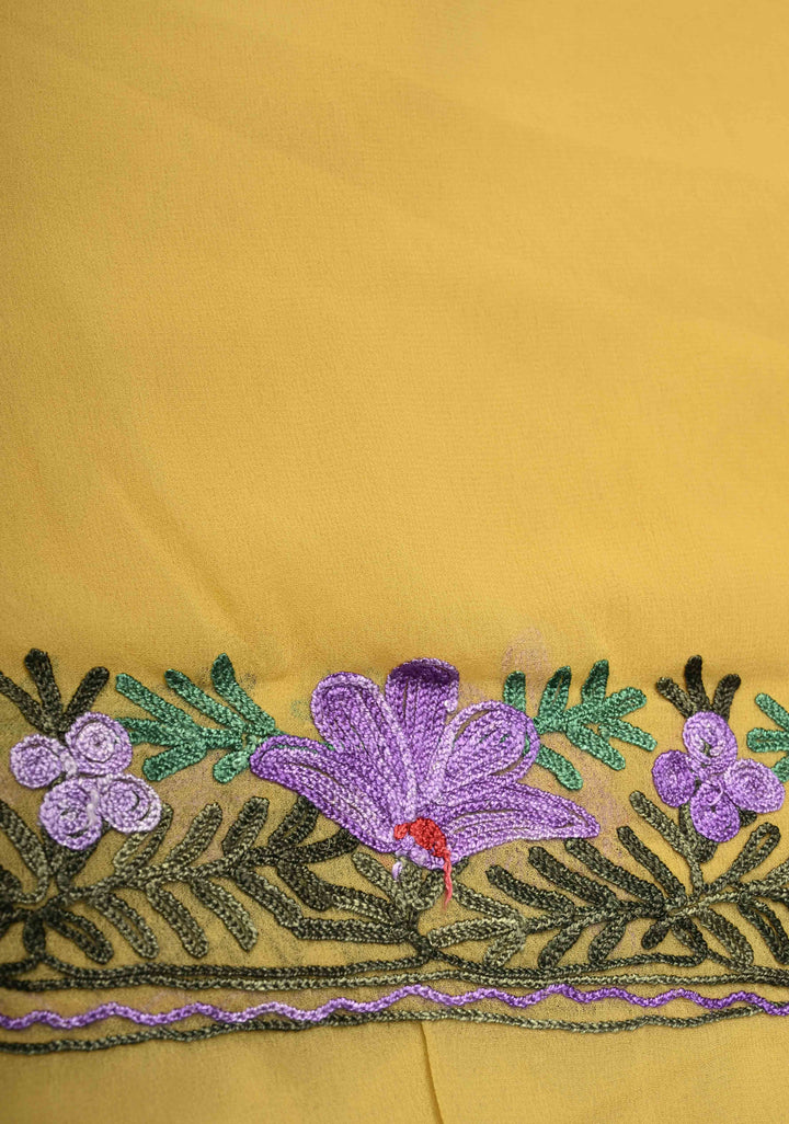 Yellow Kashmiri Aari Georgette Saree with Floral Embroidery