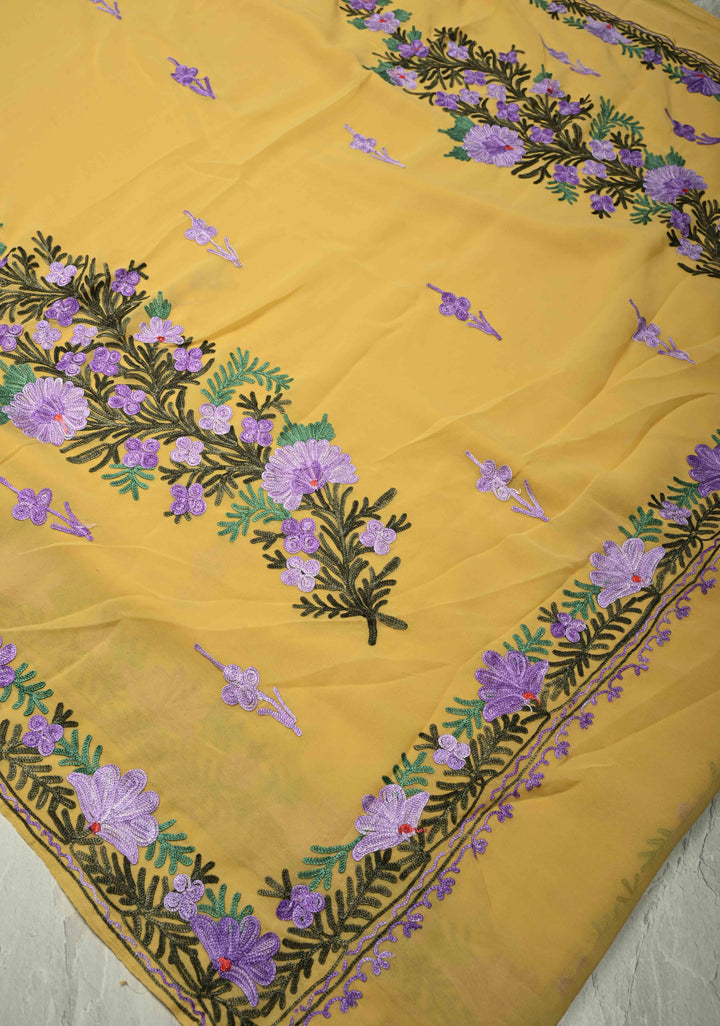 Yellow Kashmiri Aari Georgette Saree with Floral Embroidery