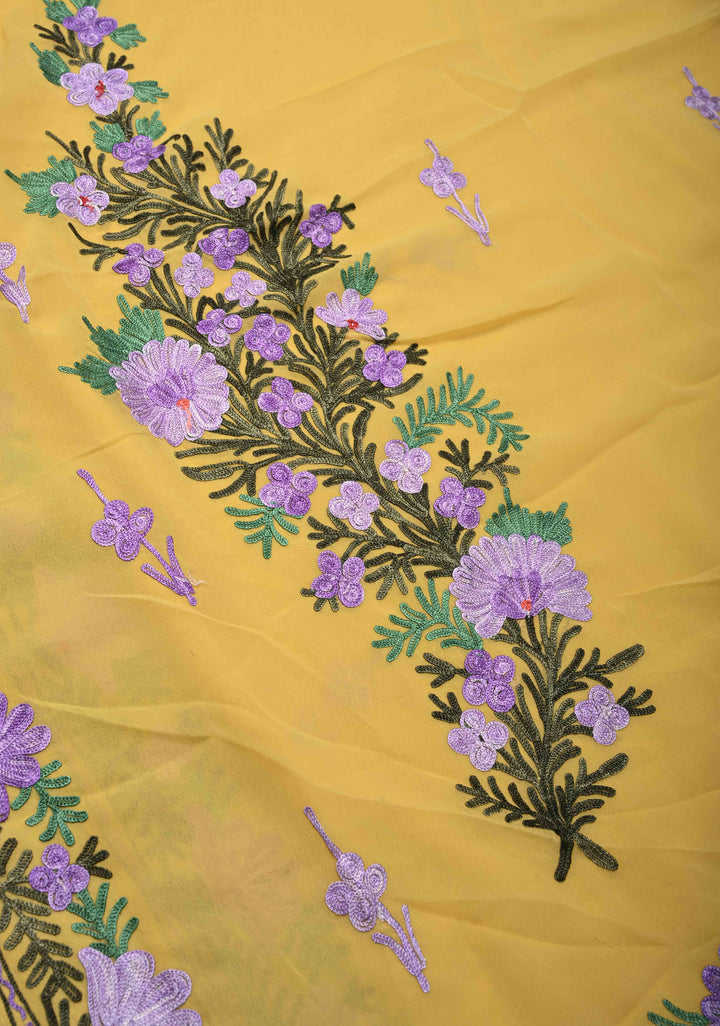 Yellow Kashmiri Aari Georgette Saree with Floral Embroidery