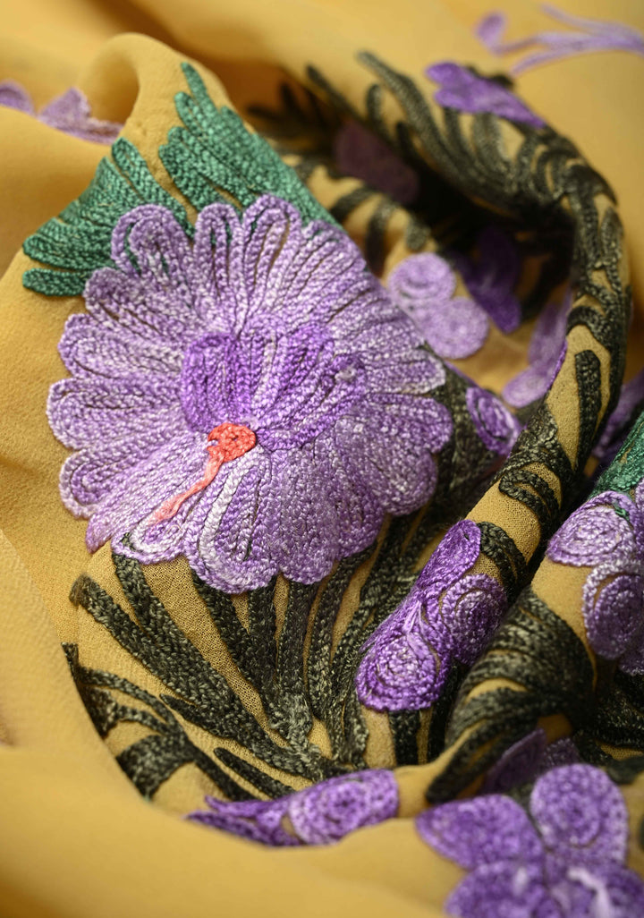 Yellow Kashmiri Aari Georgette Saree with Floral Embroidery