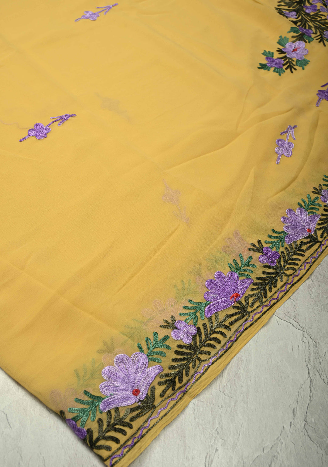 Yellow Kashmiri Aari Georgette Saree with Floral Embroidery