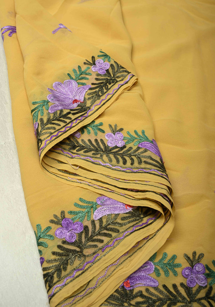 Yellow Kashmiri Aari Georgette Saree with Floral Embroidery