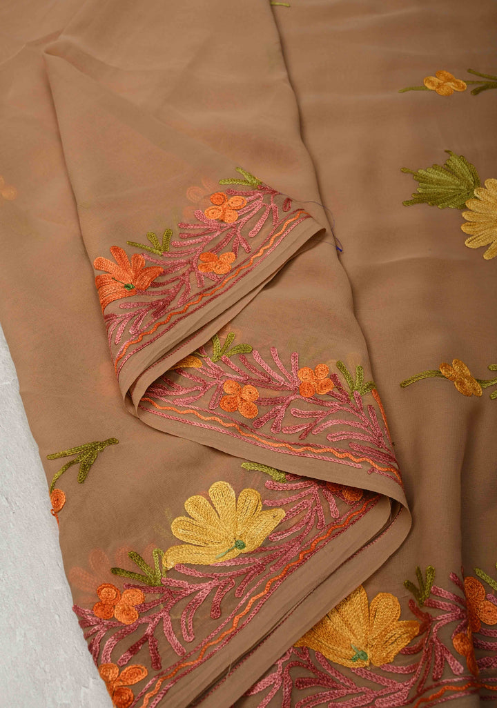 Tuscan Tan Kashmiri Aari Georgette Saree with Floral Embroidery