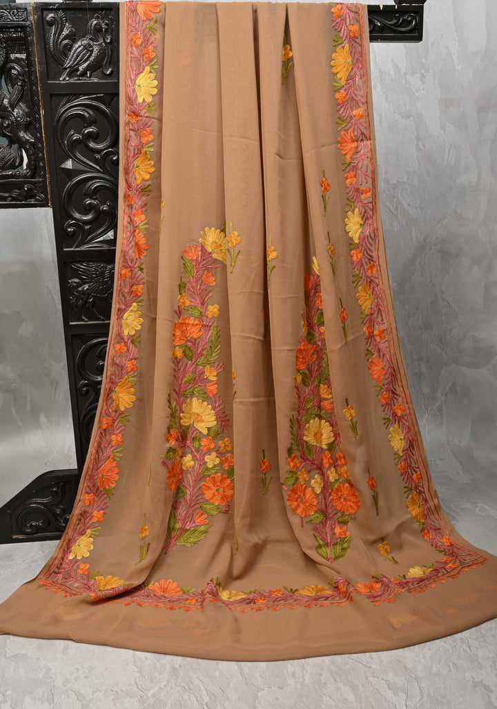 Tuscan Tan Kashmiri Aari Georgette Saree with Floral Embroidery