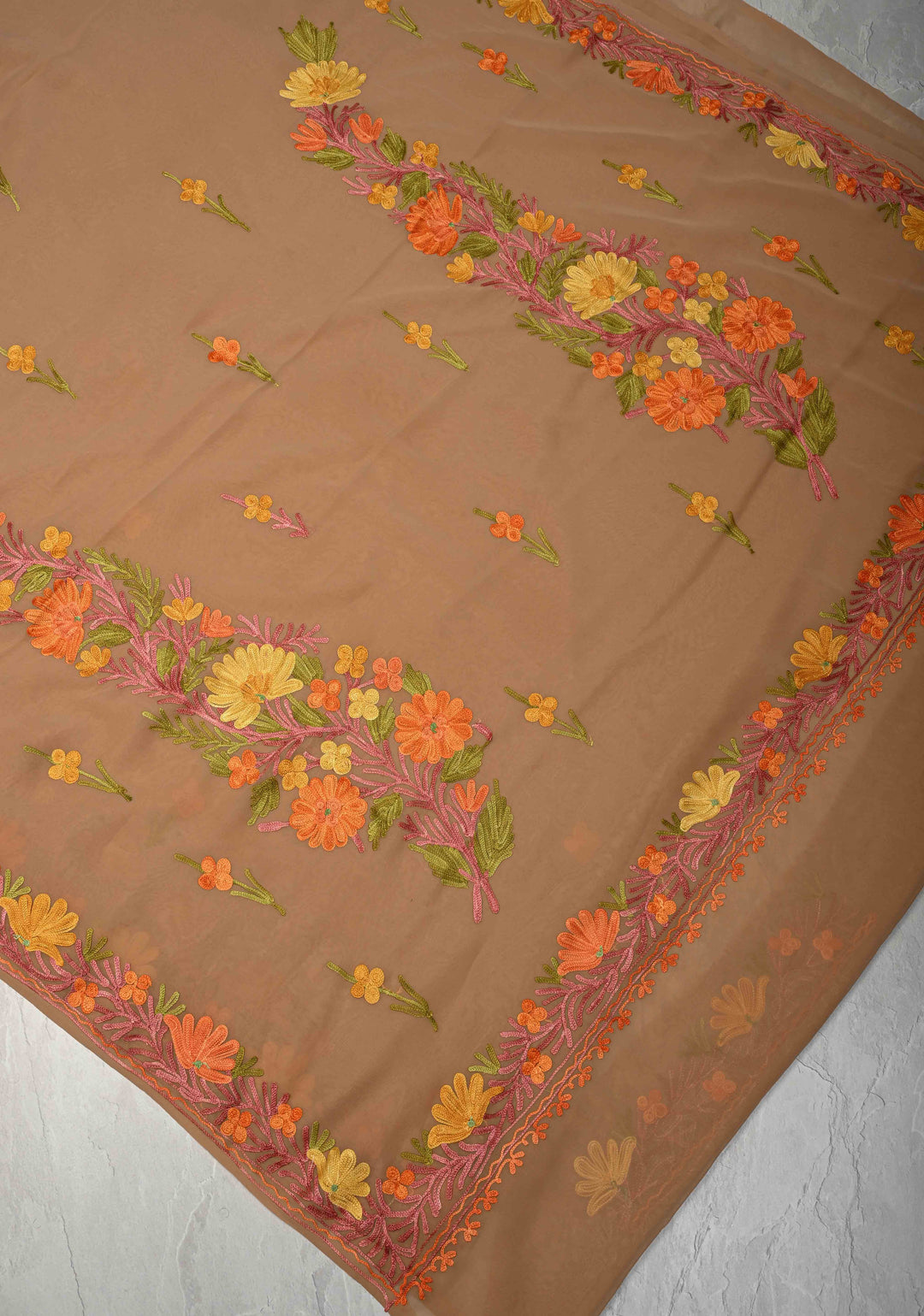 Tuscan Tan Kashmiri Aari Georgette Saree with Floral Embroidery