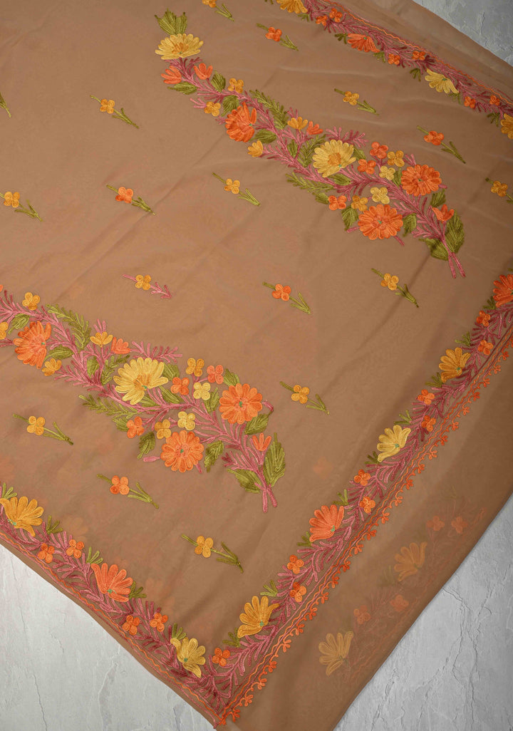 Tuscan Tan Kashmiri Aari Georgette Saree with Floral Embroidery