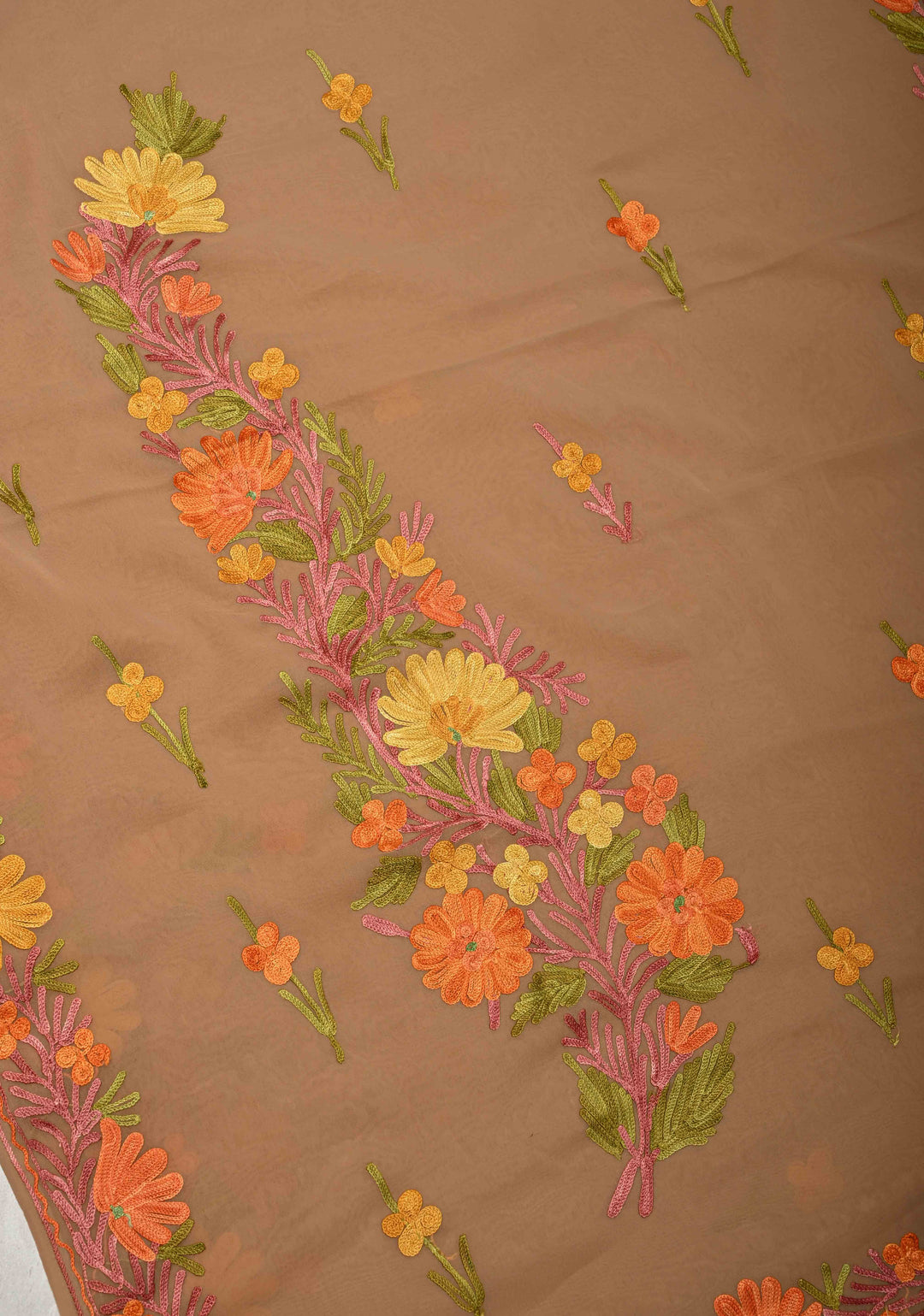 Tuscan Tan Kashmiri Aari Georgette Saree with Floral Embroidery