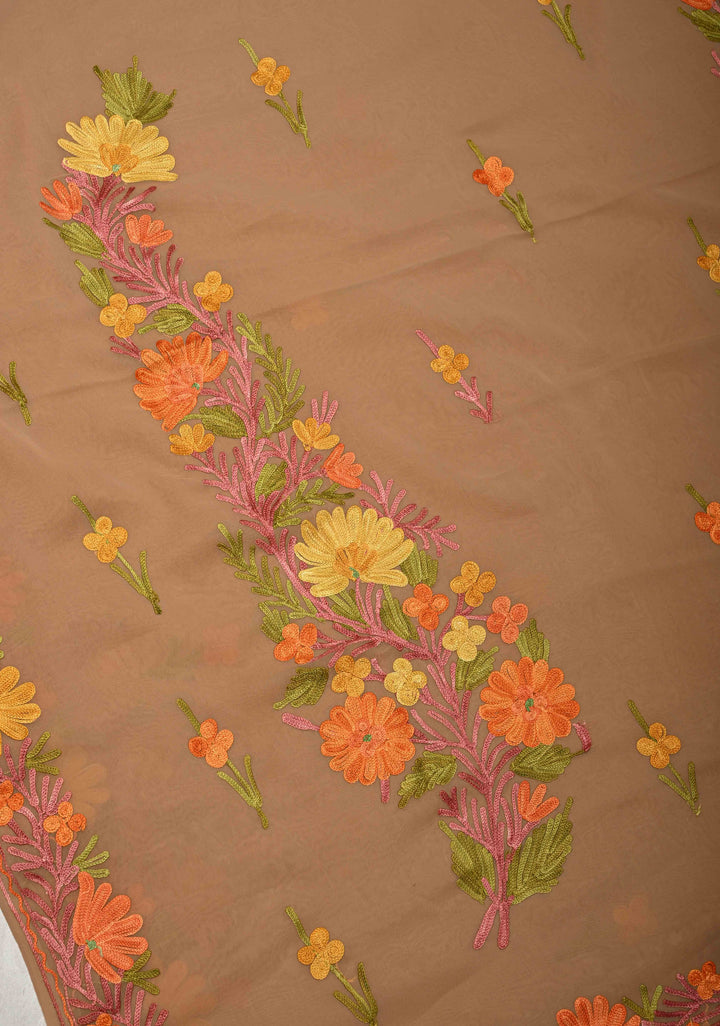 Tuscan Tan Kashmiri Aari Georgette Saree with Floral Embroidery