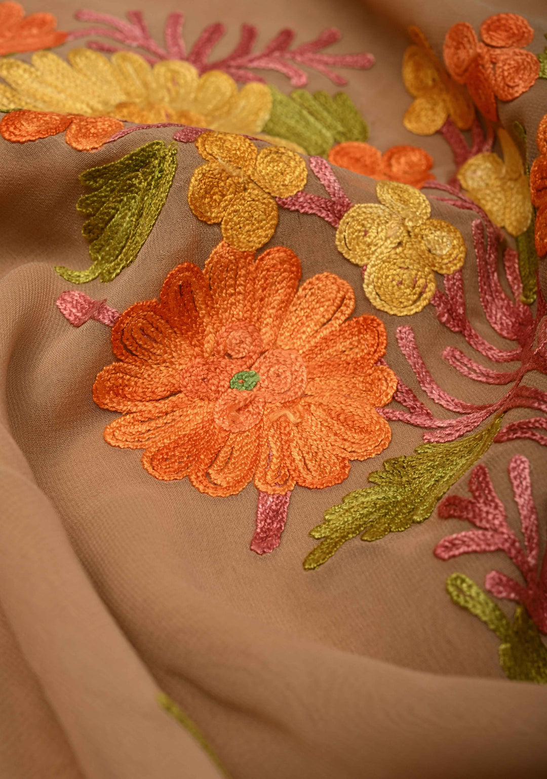 Tuscan Tan Kashmiri Aari Georgette Saree with Floral Embroidery