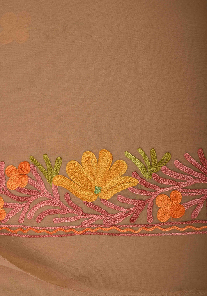Tuscan Tan Kashmiri Aari Georgette Saree with Floral Embroidery