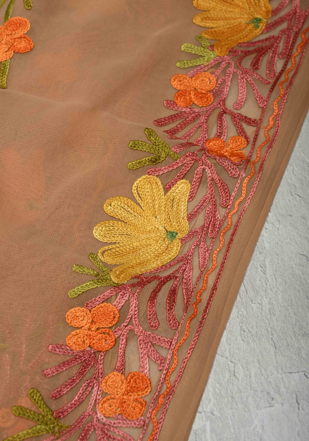 Tuscan Tan Kashmiri Aari Georgette Saree with Floral Embroidery