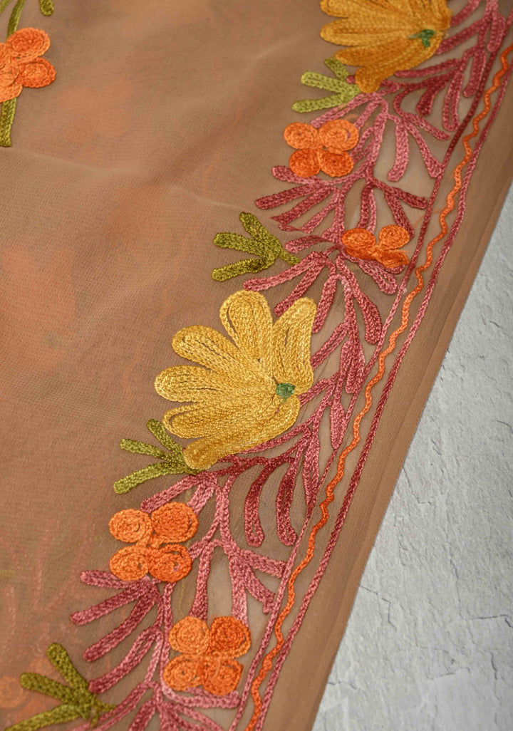 Tuscan Tan Kashmiri Aari Georgette Saree with Floral Embroidery