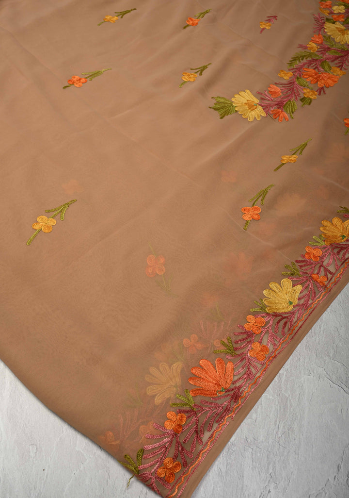 Tuscan Tan Kashmiri Aari Georgette Saree with Floral Embroidery