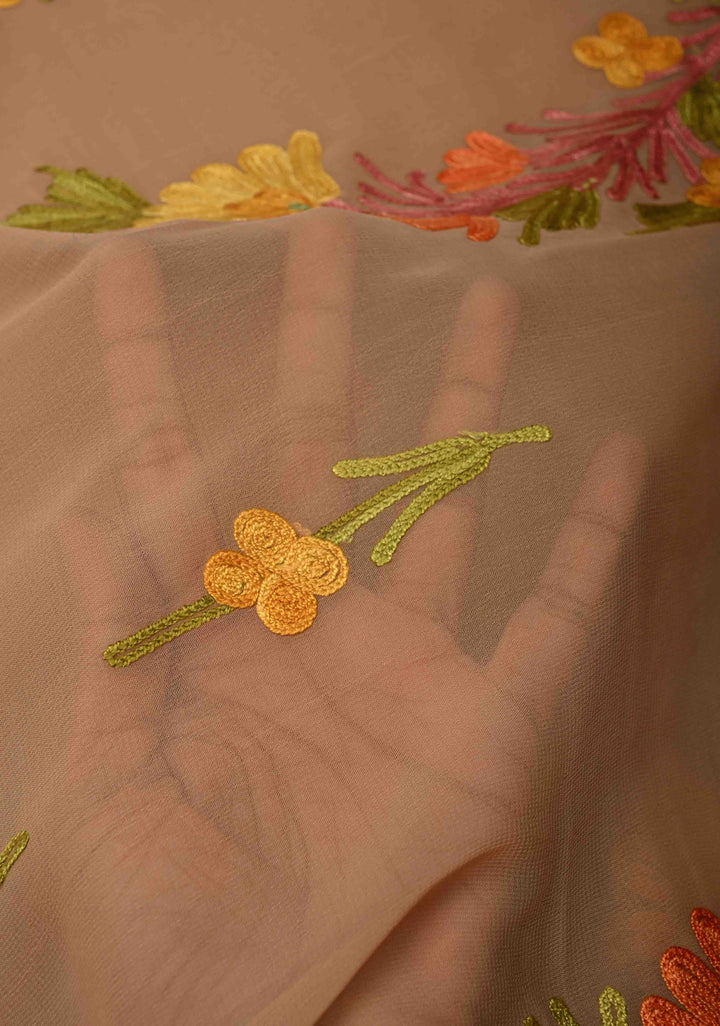 Tuscan Tan Kashmiri Aari Georgette Saree with Floral Embroidery