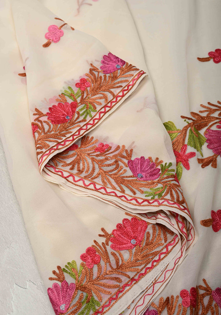 Off White Kashmiri Aari Georgette Saree with Floral Embroidery