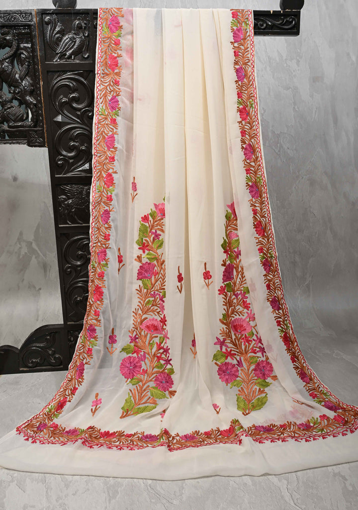 Off White Kashmiri Aari Georgette Saree with Floral Embroidery