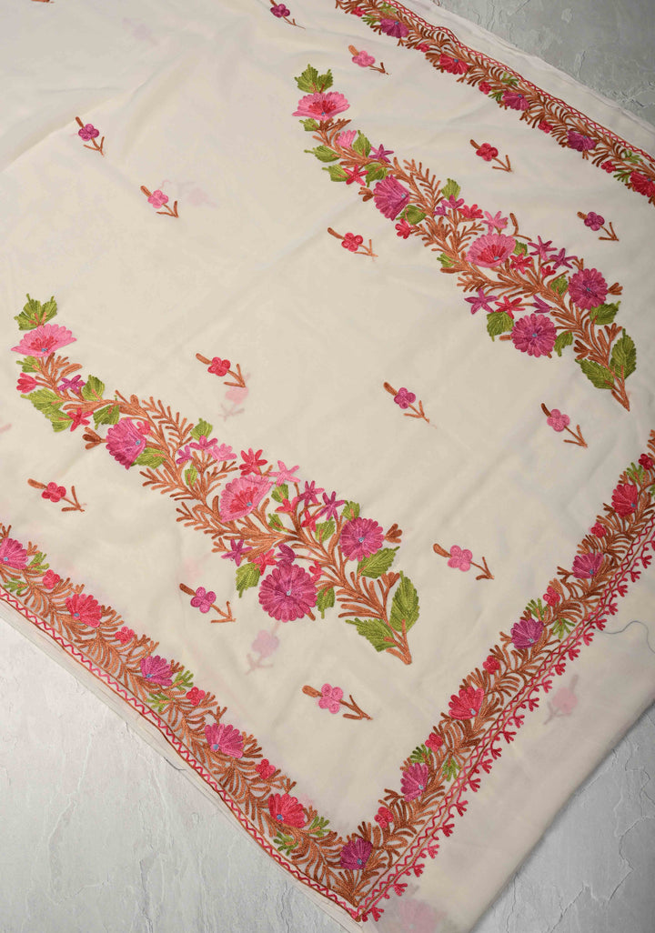 Off White Kashmiri Aari Georgette Saree with Floral Embroidery