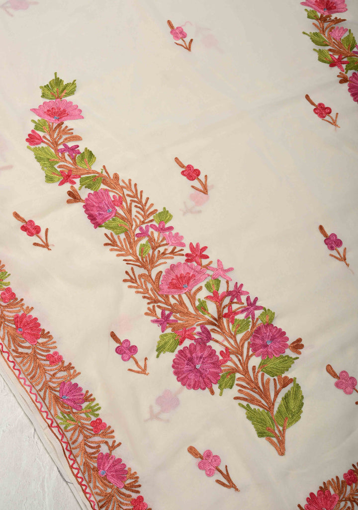 Off White Kashmiri Aari Georgette Saree with Floral Embroidery