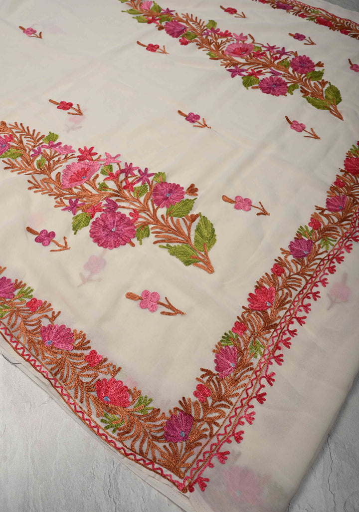 Off White Kashmiri Aari Georgette Saree with Floral Embroidery
