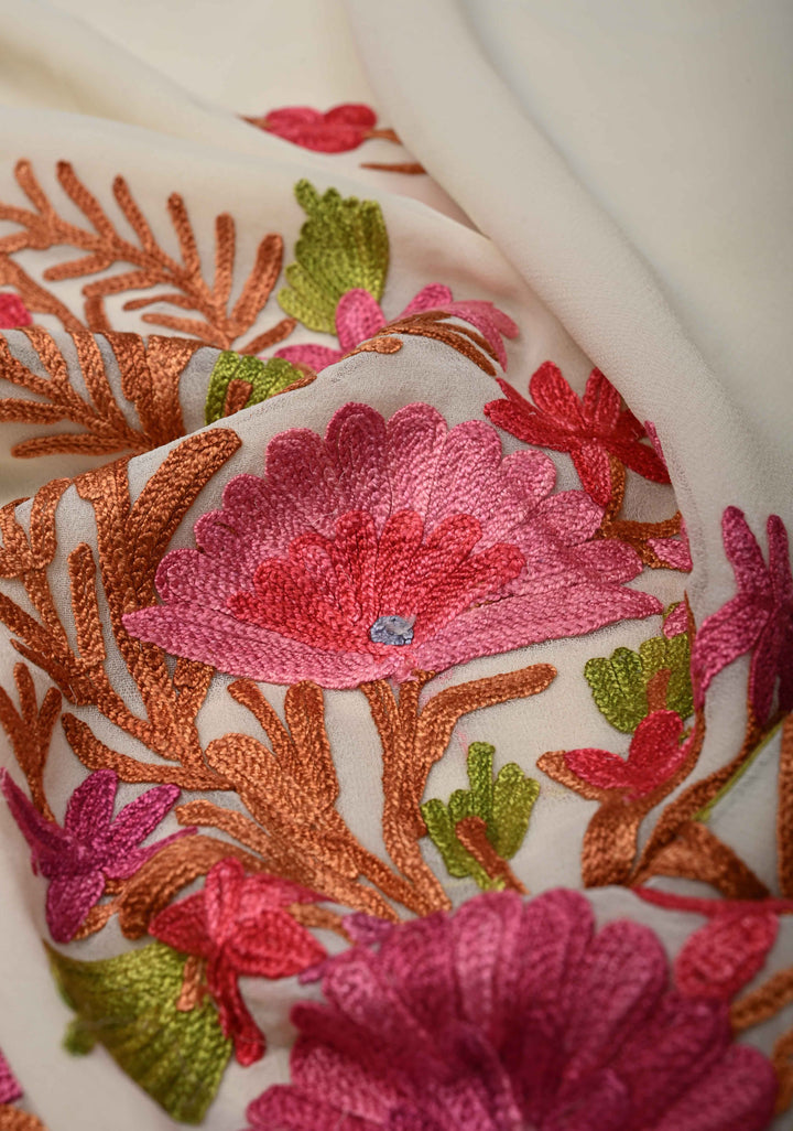 Off White Kashmiri Aari Georgette Saree with Floral Embroidery