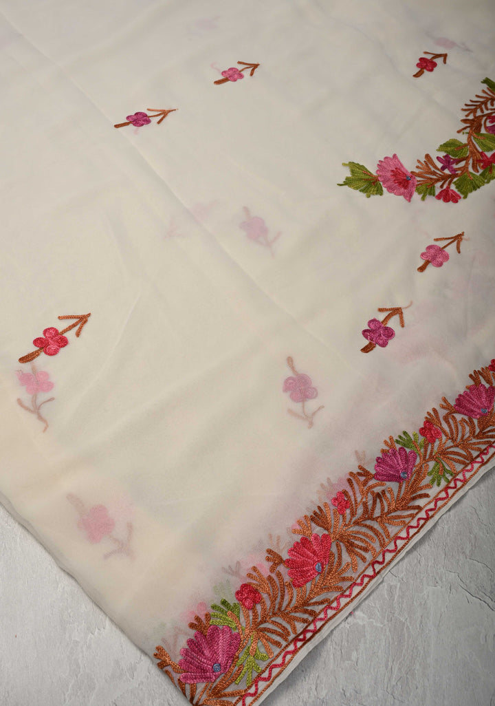 Off White Kashmiri Aari Georgette Saree with Floral Embroidery
