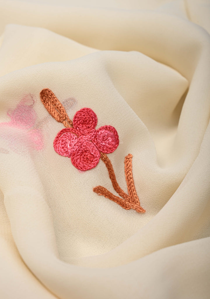 Off White Kashmiri Aari Georgette Saree with Floral Embroidery
