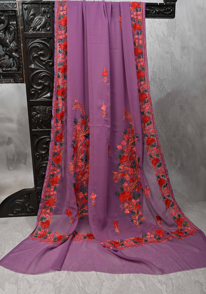 Purple Kashmiri Aari Georgette Saree with Floral Embroidery