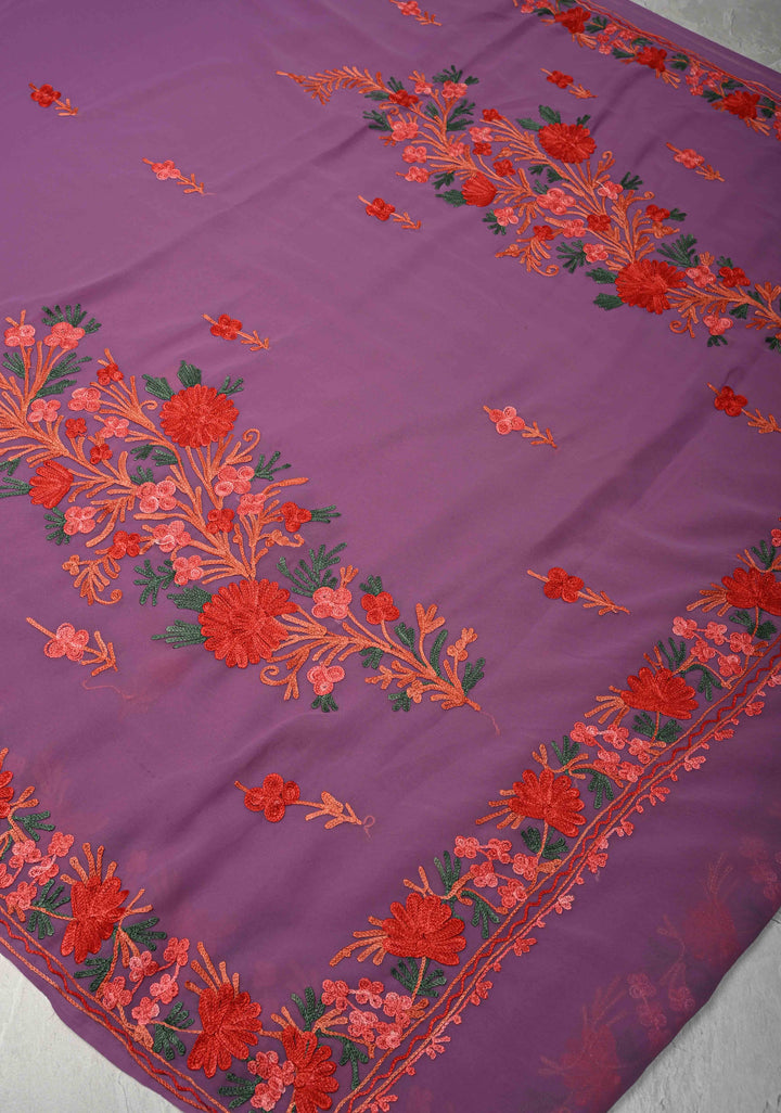 Purple Kashmiri Aari Georgette Saree with Floral Embroidery