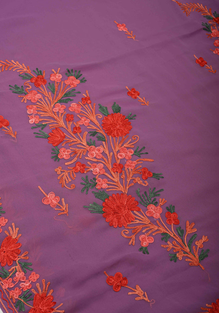 Purple Kashmiri Aari Georgette Saree with Floral Embroidery