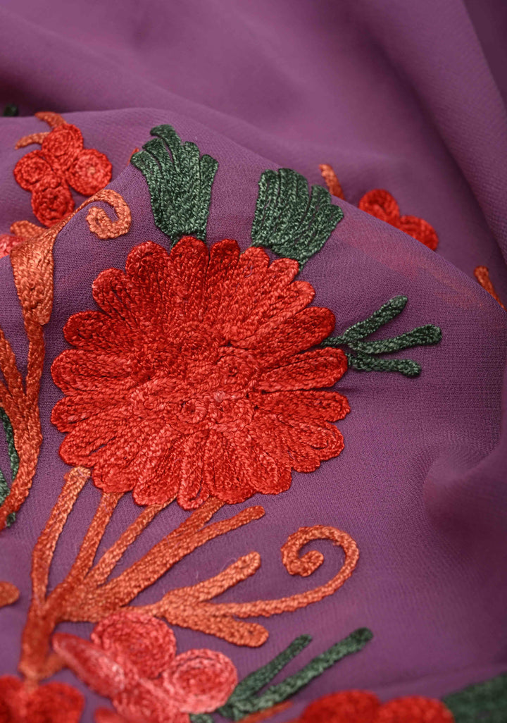 Purple Kashmiri Aari Georgette Saree with Floral Embroidery