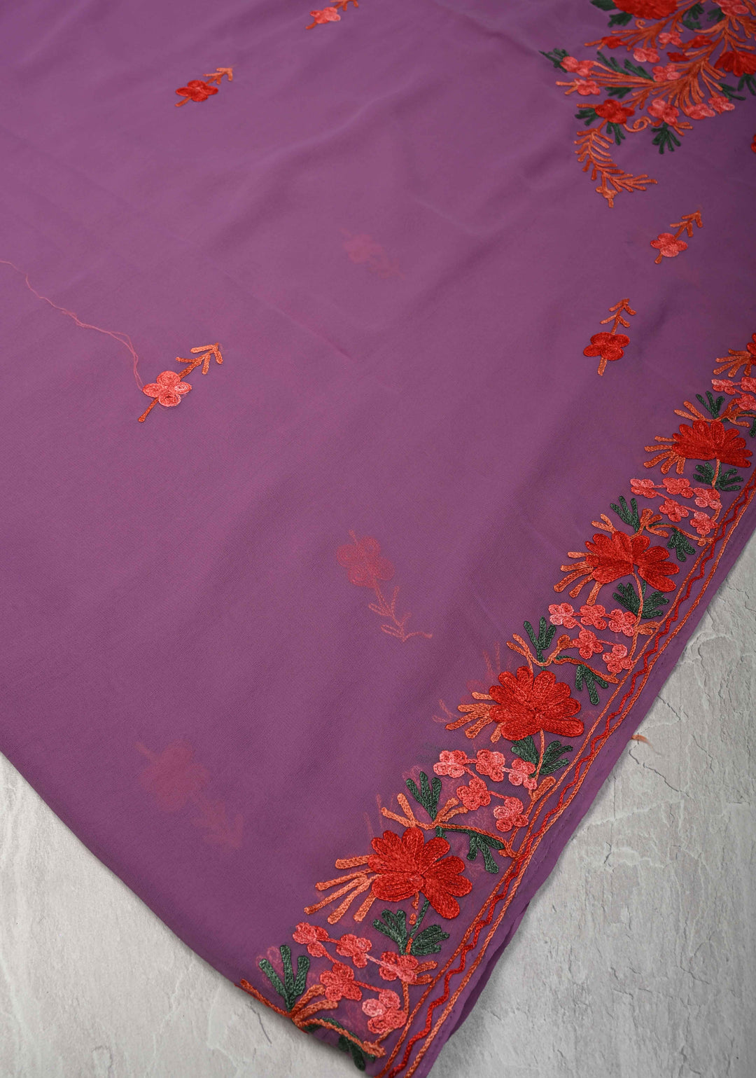 Purple Kashmiri Aari Georgette Saree with Floral Embroidery