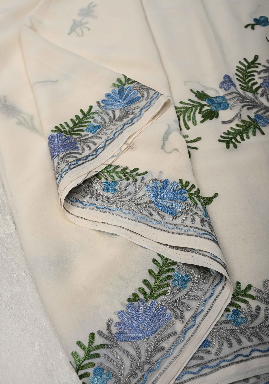 Ivory Kashmiri Aari Georgette Saree with Floral Embroidery