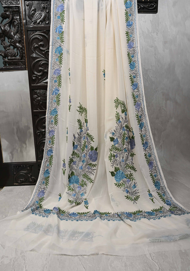 Ivory Kashmiri Aari Georgette Saree with Floral Embroidery