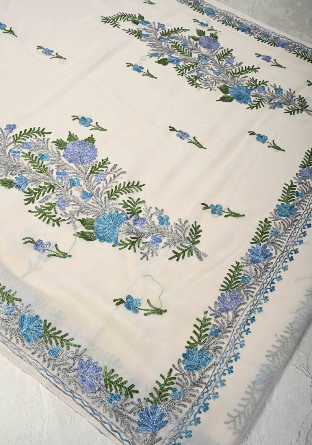 Ivory Kashmiri Aari Georgette Saree with Floral Embroidery