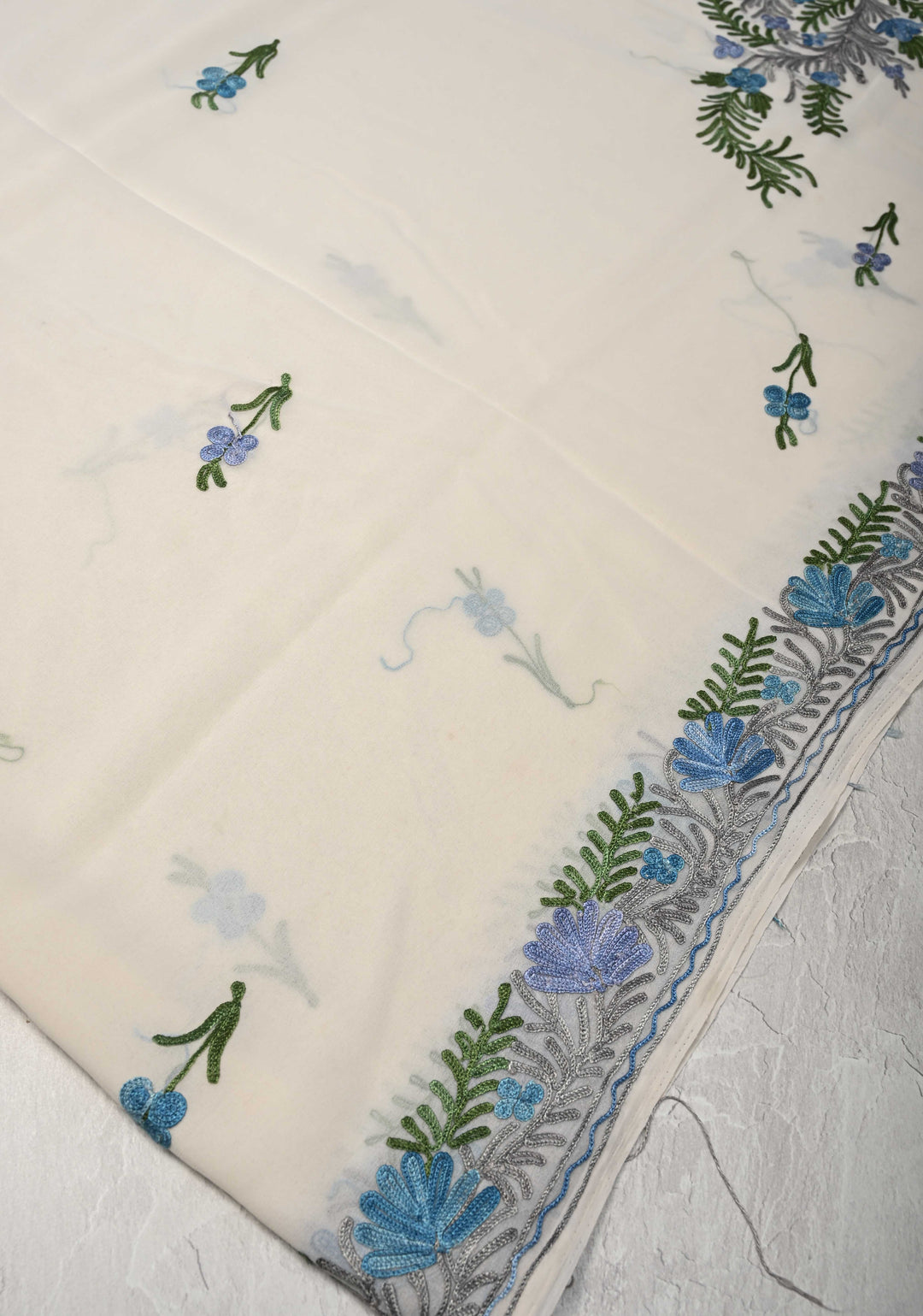 Ivory Kashmiri Aari Georgette Saree with Floral Embroidery