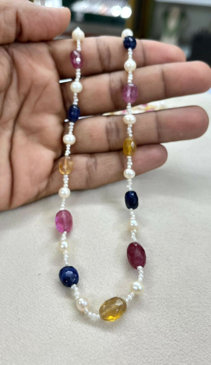 Navratna-Multi-Sapphire, Ruby, and Pearl Mala Necklace | SHOBITAM
