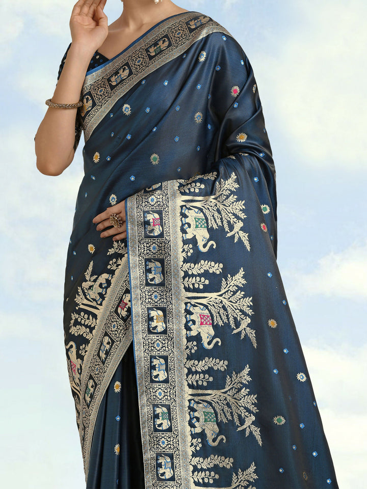 Dark Teal Woven Banarasi Satin Silk Saree | SHOBITAM