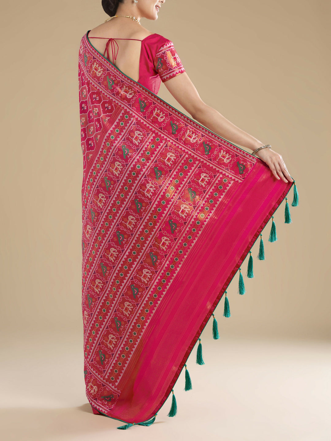 Rani Pink Semi Banarasi Satin Silk Saree With Patola Work | SHOBITAM