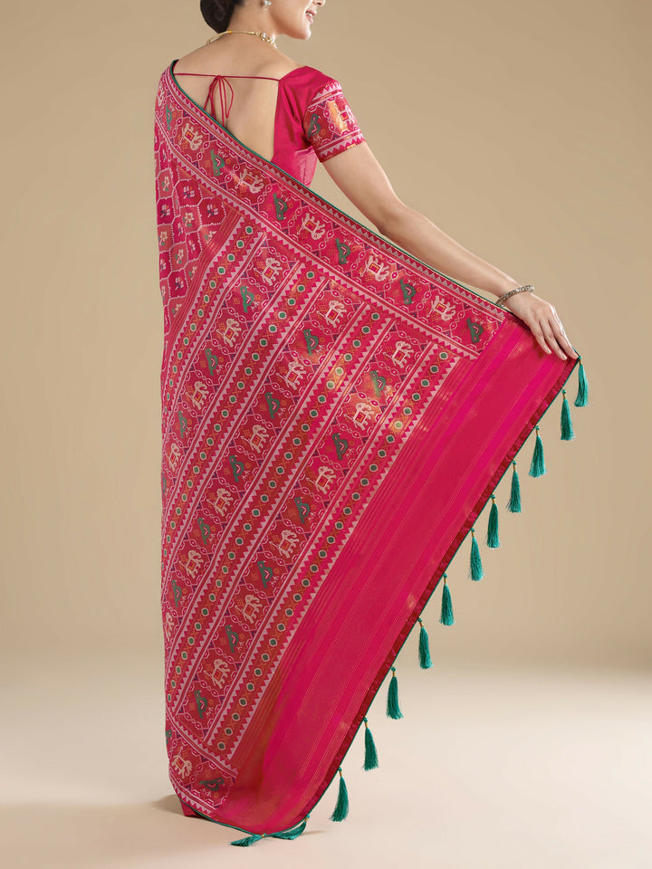 Rani Pink Semi Banarasi Satin Silk Saree With Patola Work | SHOBITAM