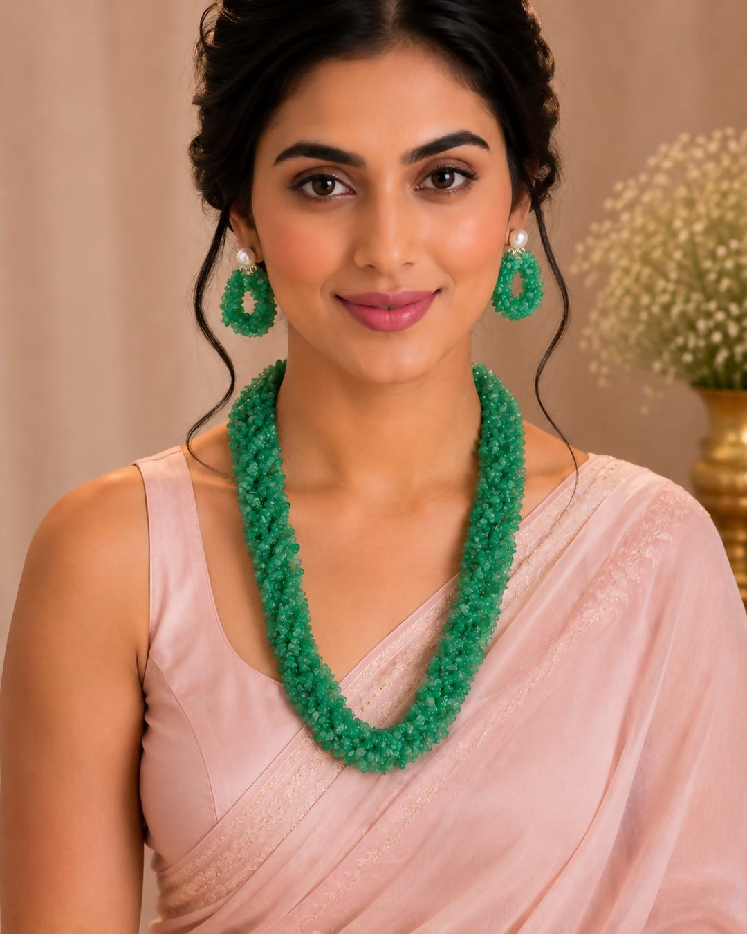 The Jade Garden- Natural Green Onyx Hand-braided Mala with Earrings | SHOBITAM