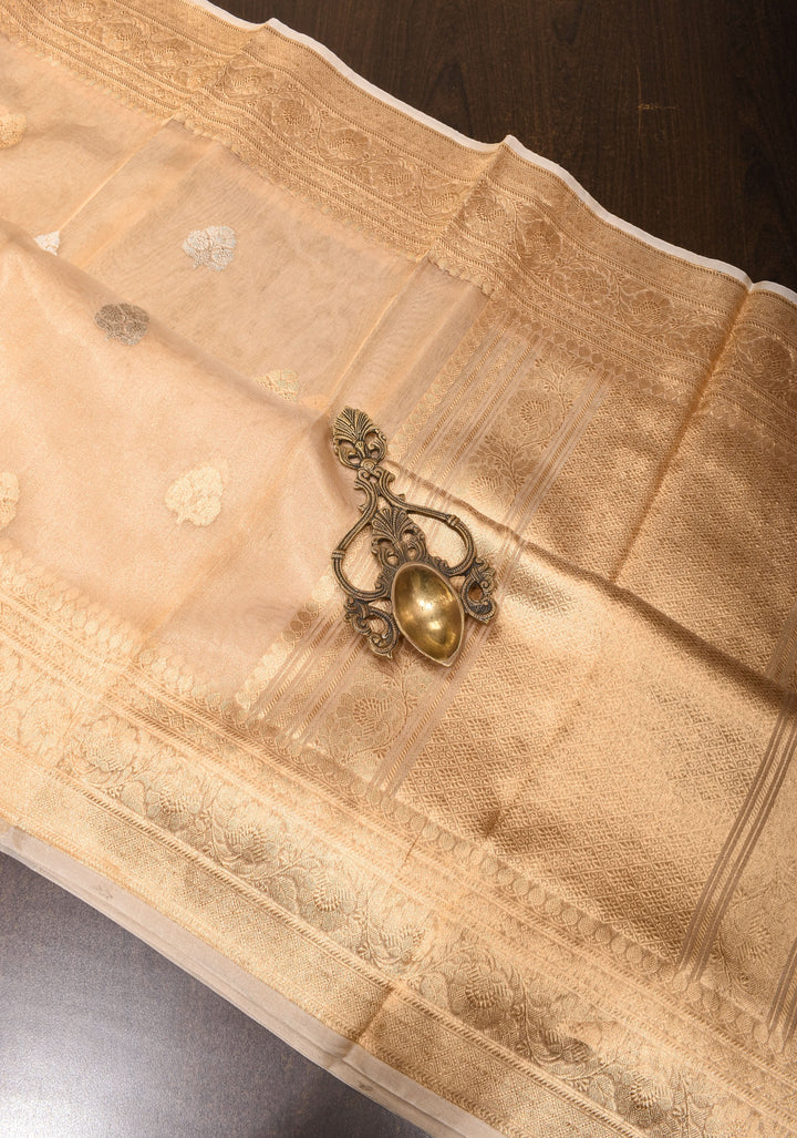 Stunning Golden Tissue Pure Silk Banarasi Saree with Sona Rupa Damask Motifs and Gold Zari Border | SILK MARK CERTIFIED