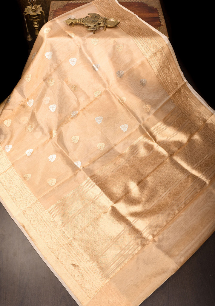 Stunning Golden Tissue Pure Silk Banarasi Saree with Sona Rupa Damask Motifs and Gold Zari Border | SILK MARK CERTIFIED