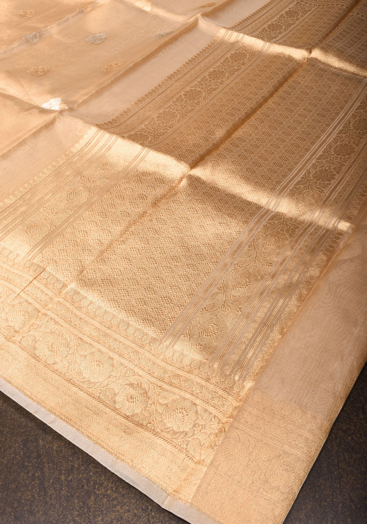 Stunning Golden Tissue Pure Silk Banarasi Saree with Sona Rupa Damask Motifs and Gold Zari Border | SILK MARK CERTIFIED