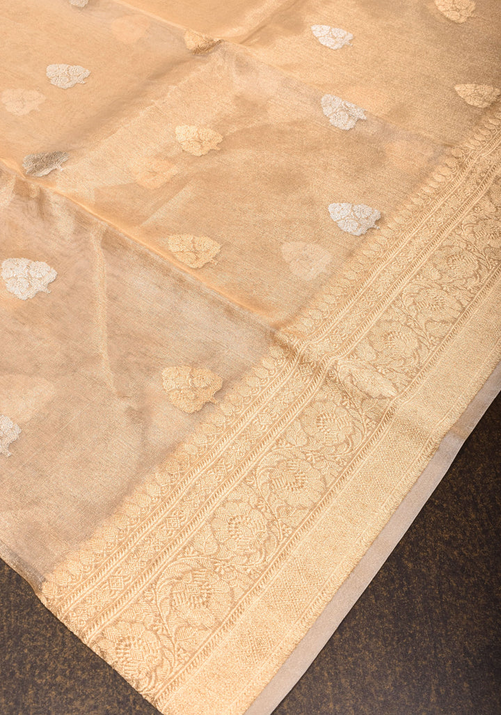 Stunning Golden Tissue Pure Silk Banarasi Saree with Sona Rupa Damask Motifs and Gold Zari Border | SILK MARK CERTIFIED