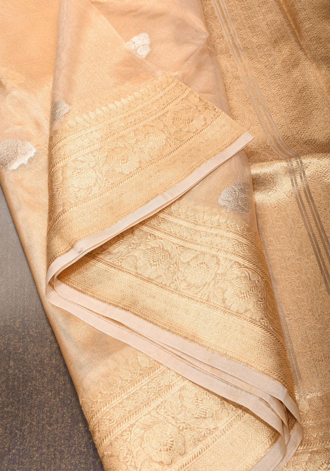 Stunning Golden Tissue Pure Silk Banarasi Saree with Sona Rupa Damask Motifs and Gold Zari Border | SILK MARK CERTIFIED