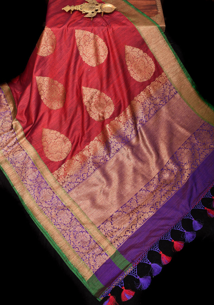 Dupion Banarasi Silk Saree in Maroon with Damask Motifs and Two Tone Border | SILK MARK CERTIFIED