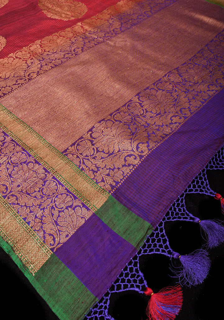 Dupion Banarasi Silk Saree in Maroon with Damask Motifs and Two Tone Border | SILK MARK CERTIFIED